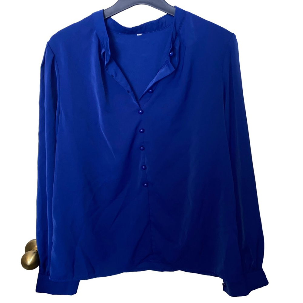 Women's Blue Light Flowy Tunic Long Sleeve Blouse Cuff Accents Size L